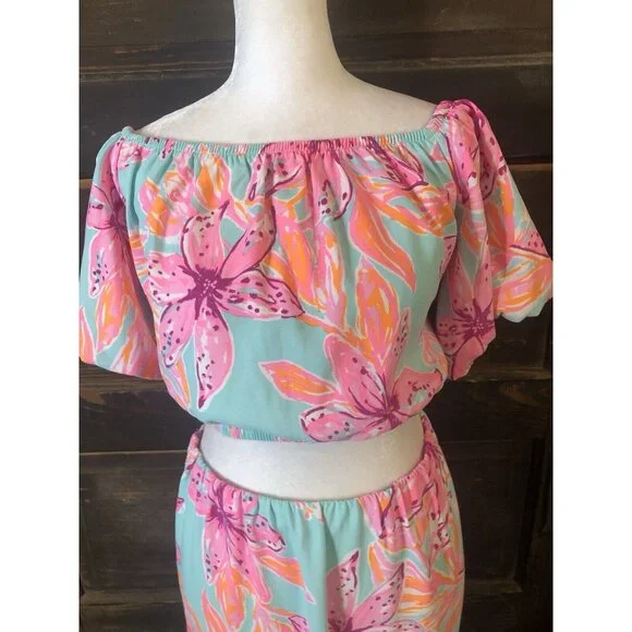 NWT Lilly Pulitzer Esmeray Midi 2PC Set Puff Sleeve Surf Blue Bonita Blooms Sz L - Picture 8 of 16